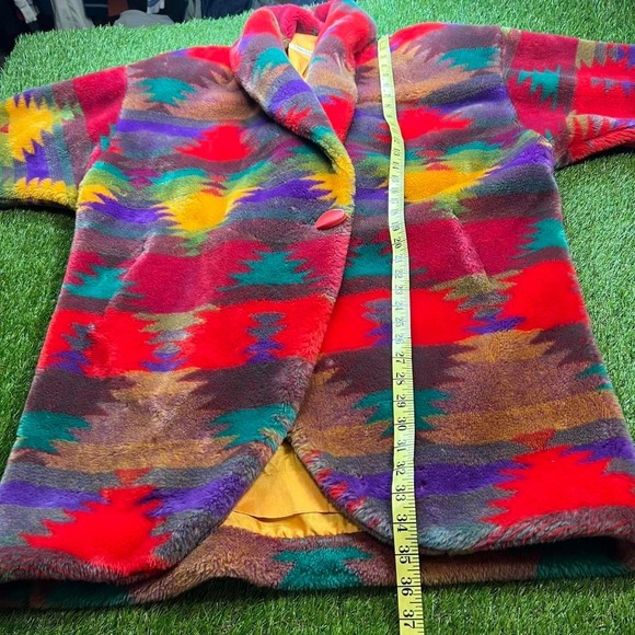 1980s Donnybrook Coat, Southwest Print Coat, Faux Fur Coat Vintage Ice Teddy XL - Picture 4 of 5